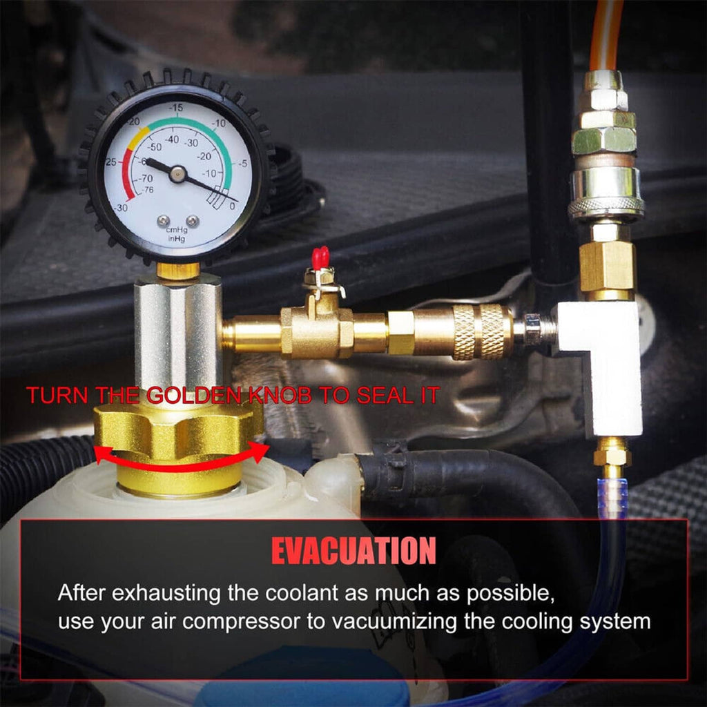 Coolant vacuum tool connected to engine port with pressure gauge and brass coupler