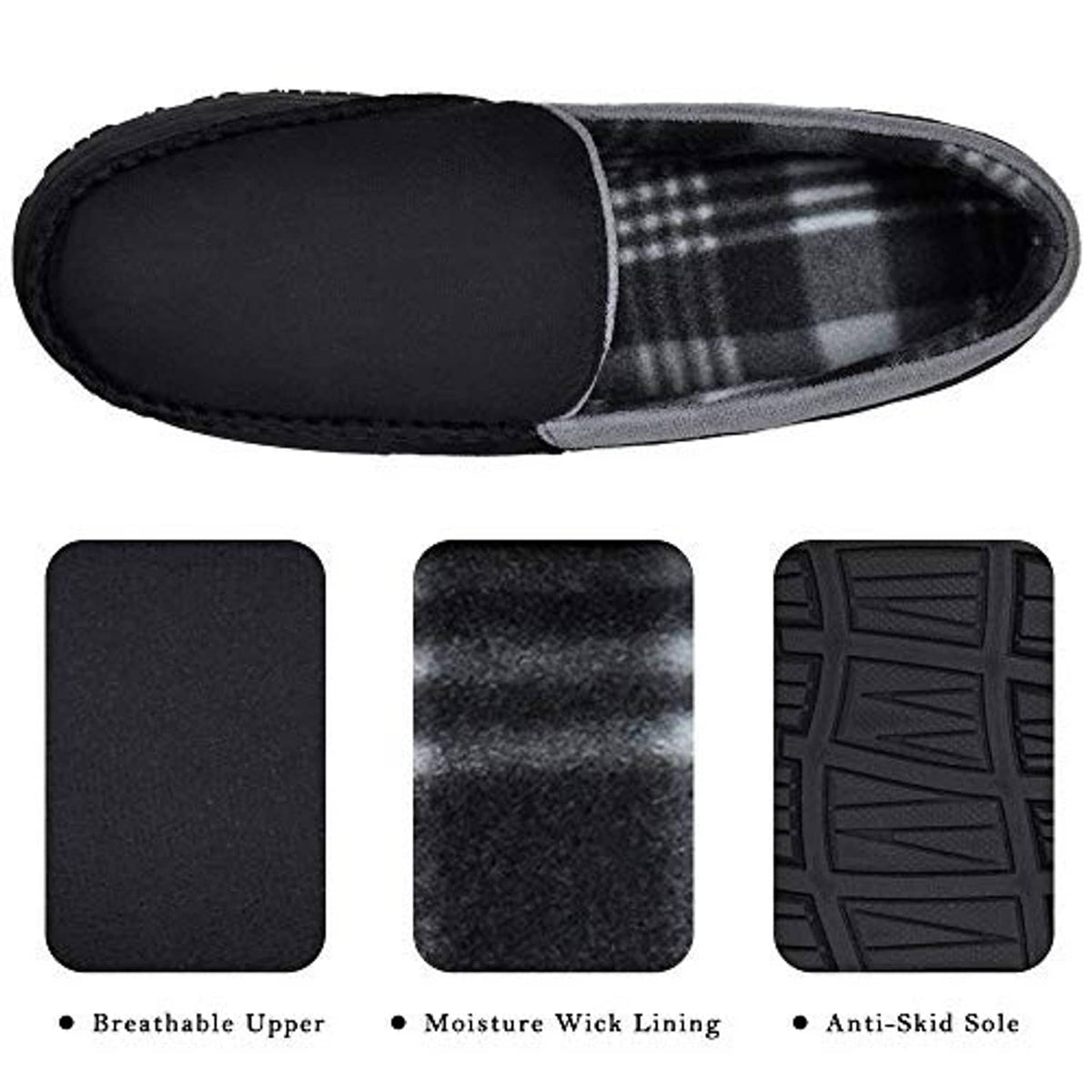 Men’s black slip-on moccasin slippers with gray trim and plaid lining
