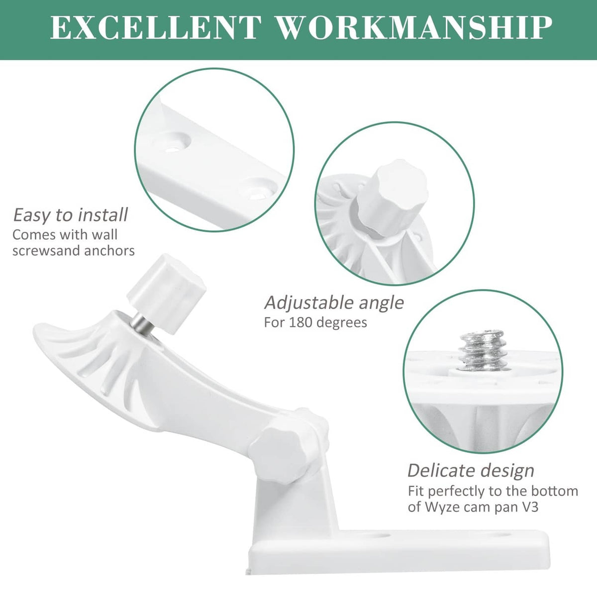 White wall mount with adjustable angle and screws/anchors included