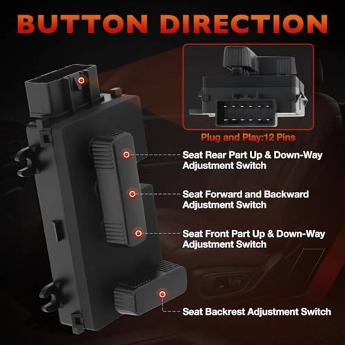 Black power seat switch module with multi-pin plug and adjustment button controls