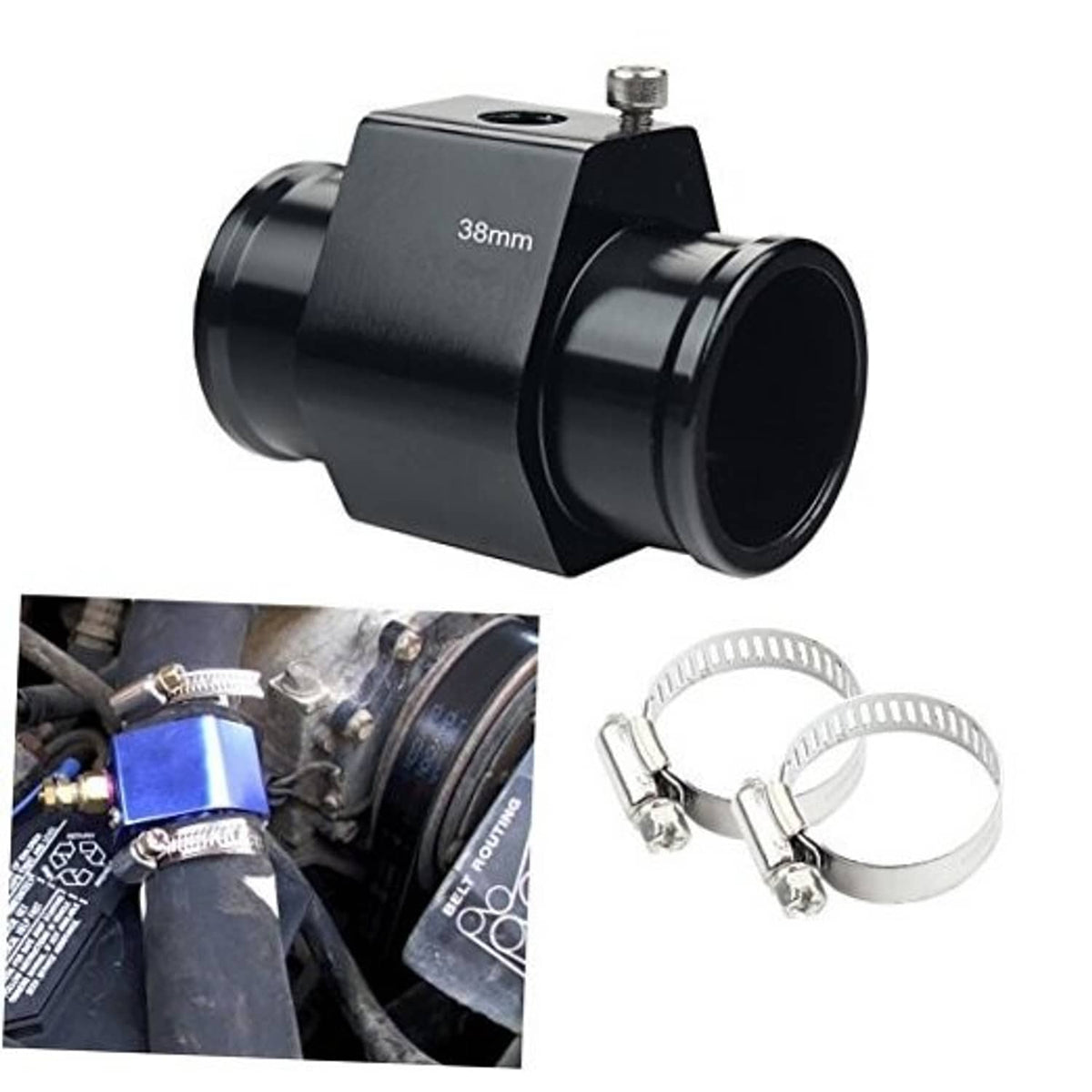 Black 38mm aluminum temp gauge fitting with barbed hose outlet and threaded top