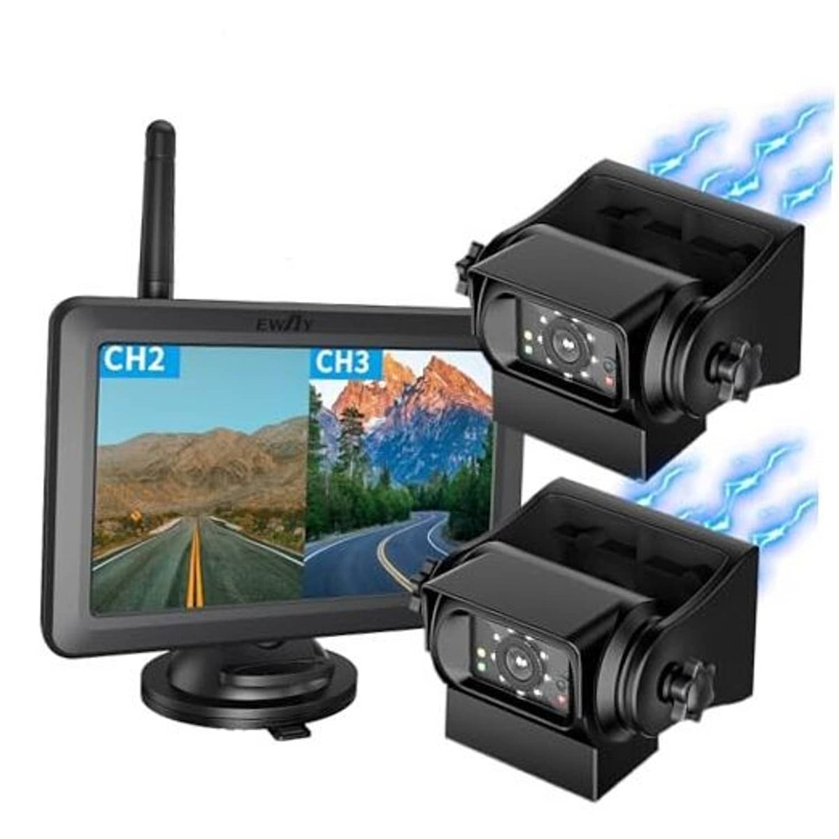 Wireless backup camera set with 5-inch monitor and two black exterior cameras