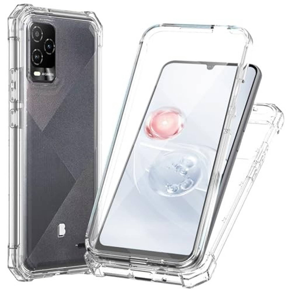 Transparent rugged phone case for a BLU View 5 Pro-style phone, front and back views