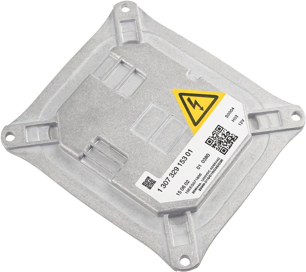 Silver HID headlight ballast module with mounting holes and warning label