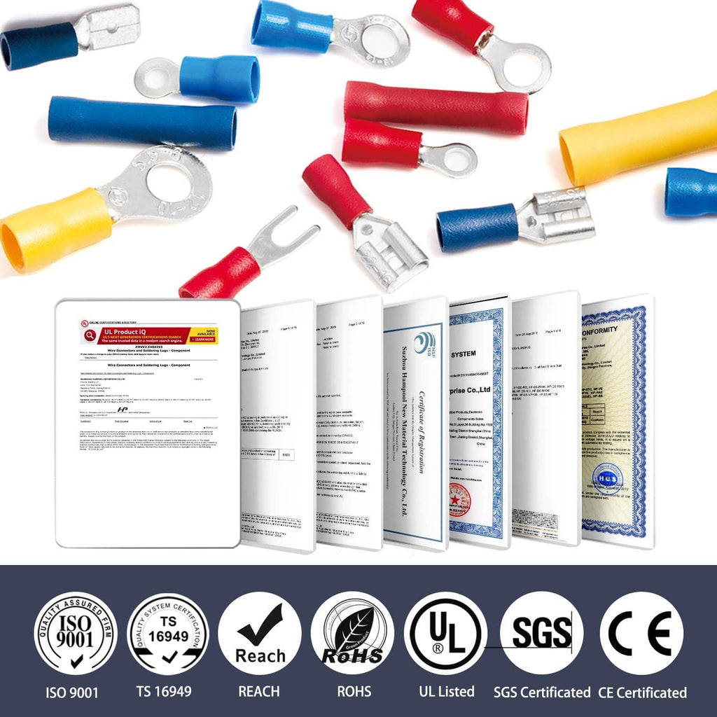Insulated crimp terminals assortment with red, blue, and yellow ring, fork, and butt types