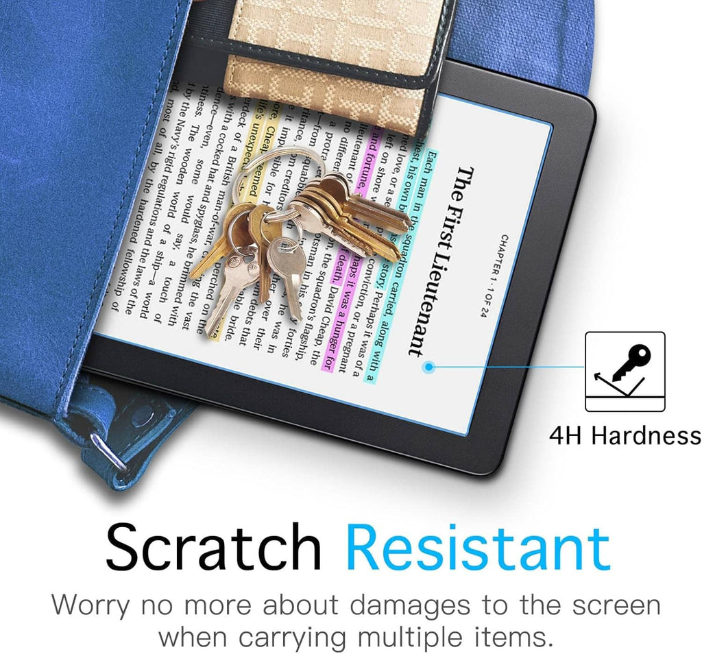Scratch-resistant e-reader screen protector with blue case and keyring on top