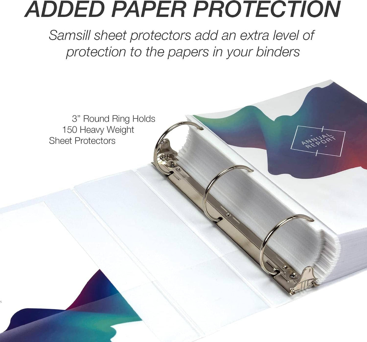 3-ring binder with sheet protectors for added paper protection and 3-inch size