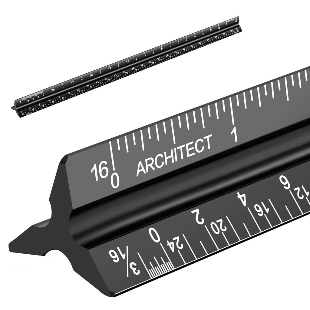 12-inch black tri-sided architectural scale ruler with laser-etched imperial inch markings