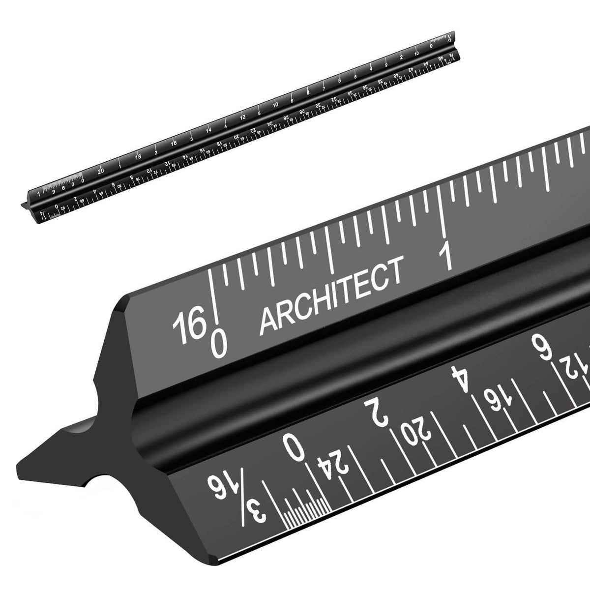 12-inch black tri-sided architectural scale ruler with laser-etched imperial inch markings