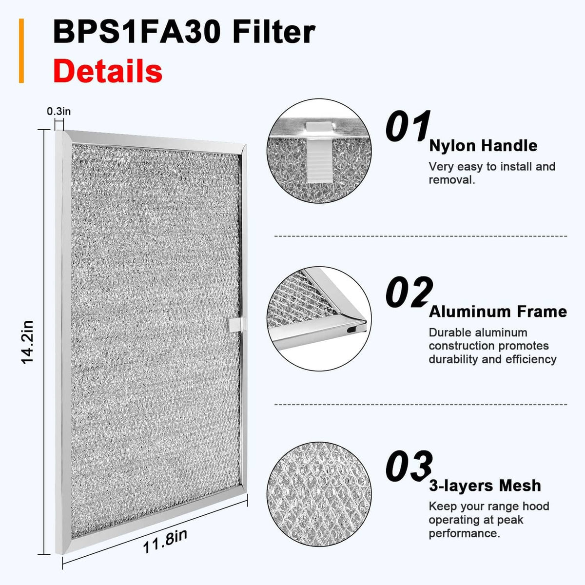 Range hood grease filter with mesh panel, nylon handle, and aluminum frame