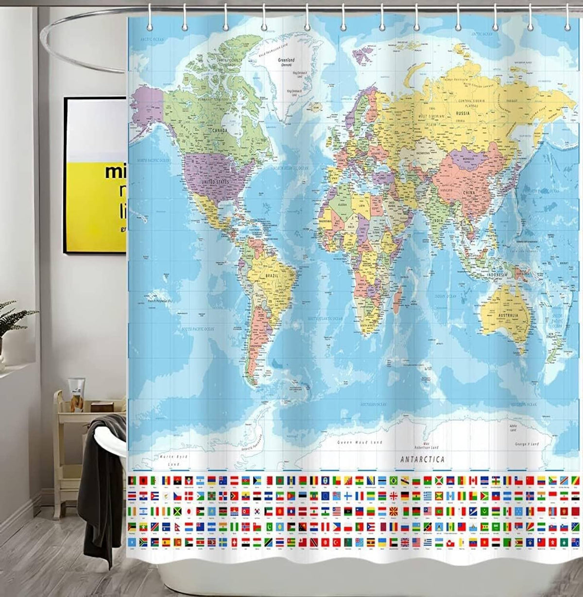 Multi-color shower curtain featuring a world map on blue, with bottom flag strip