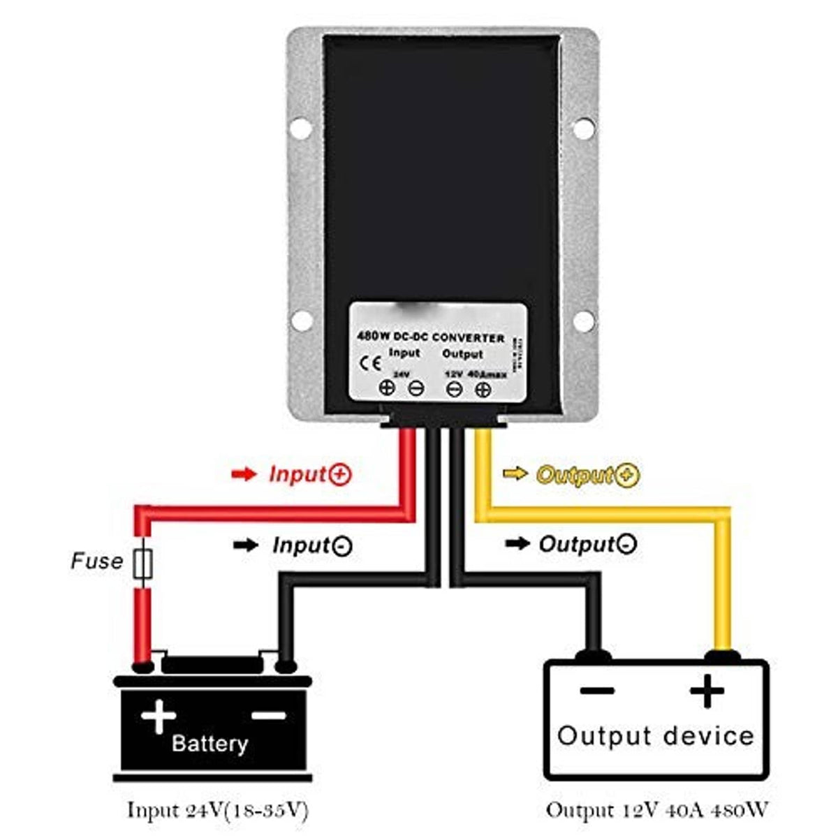 DC converter module with metal housing and input/output wiring diagram illustration