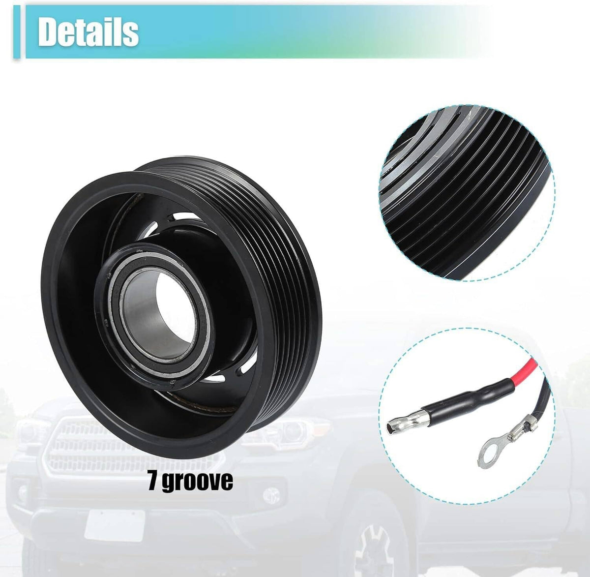 Black AC compressor clutch pulley with ribbed 7-groove belt surface detail