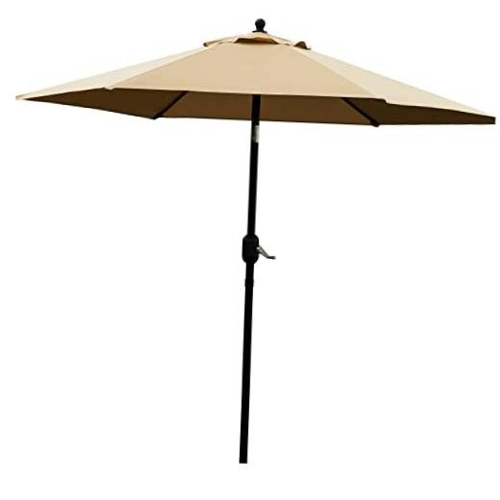 Tan patio umbrella with black pole and beige canopy, push-button lift handle