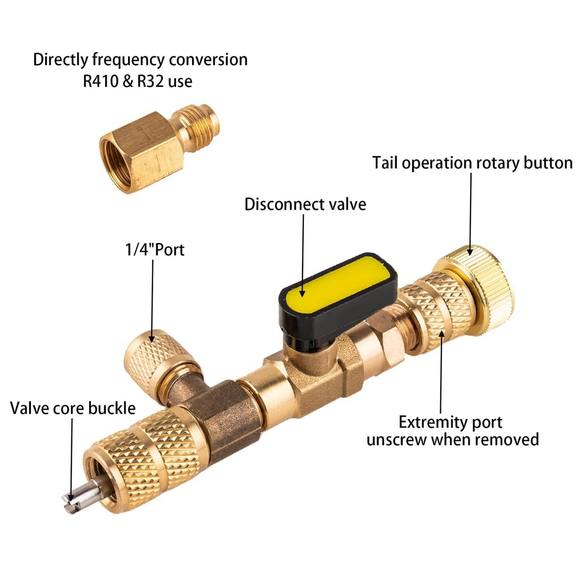 Brass valve core remover tool with yellow button, port adapter, and stem