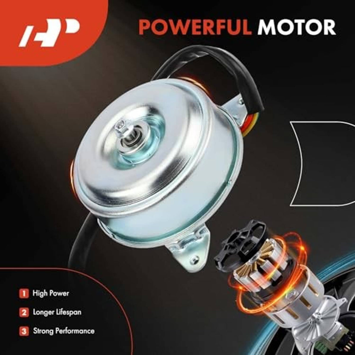 Radiator fan motor with silver housing and attached wiring harness, side angle