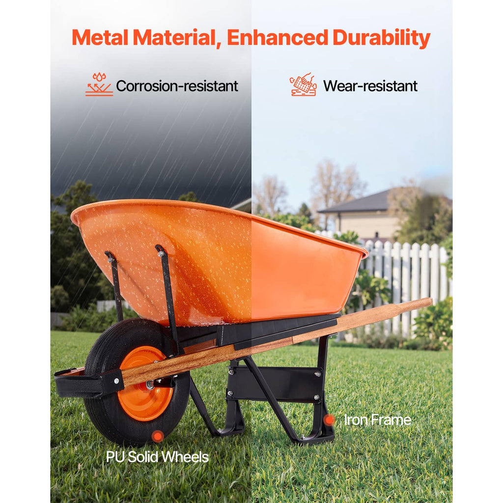 Orange metal dump cart with one wheel, black frame, and wooden side handles