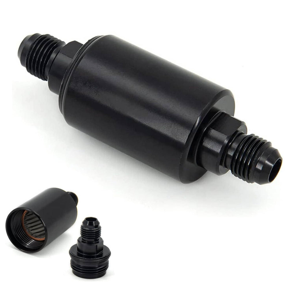 AN6 inline fuel filter, black anodized body with threaded inlet and outlet ports