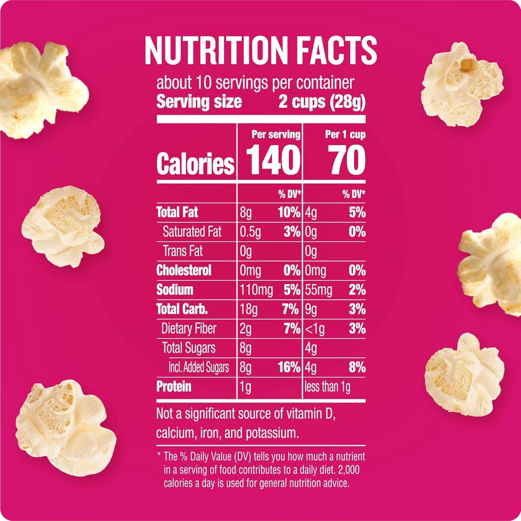 Nutrition facts panel for sweet and salty kettle corn, showing calories and macros