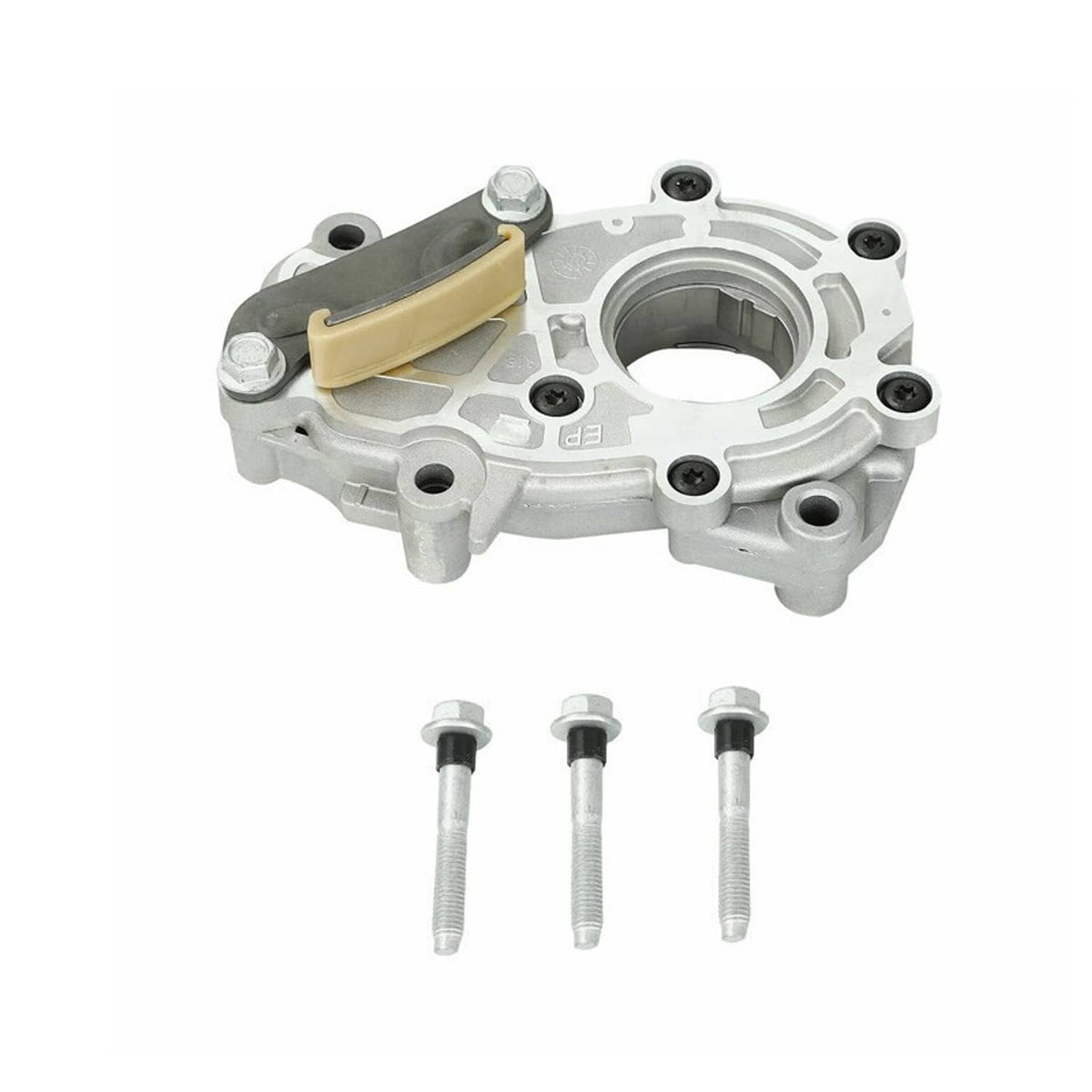 Engine pump housing with integrated ports and three mounting bolts, aluminum silver