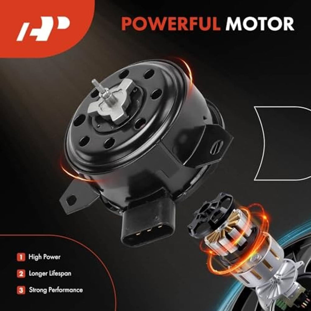 Radiator fan motor angled view with mounting tabs and visible electrical connector.