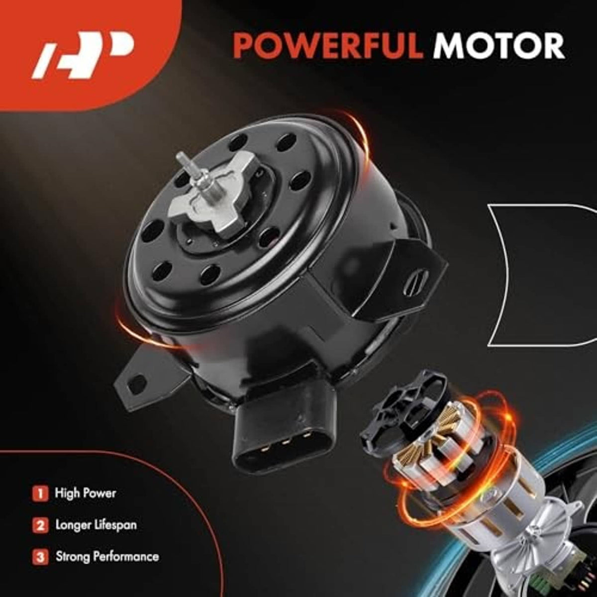 Radiator fan motor angled view with mounting tabs and visible electrical connector.