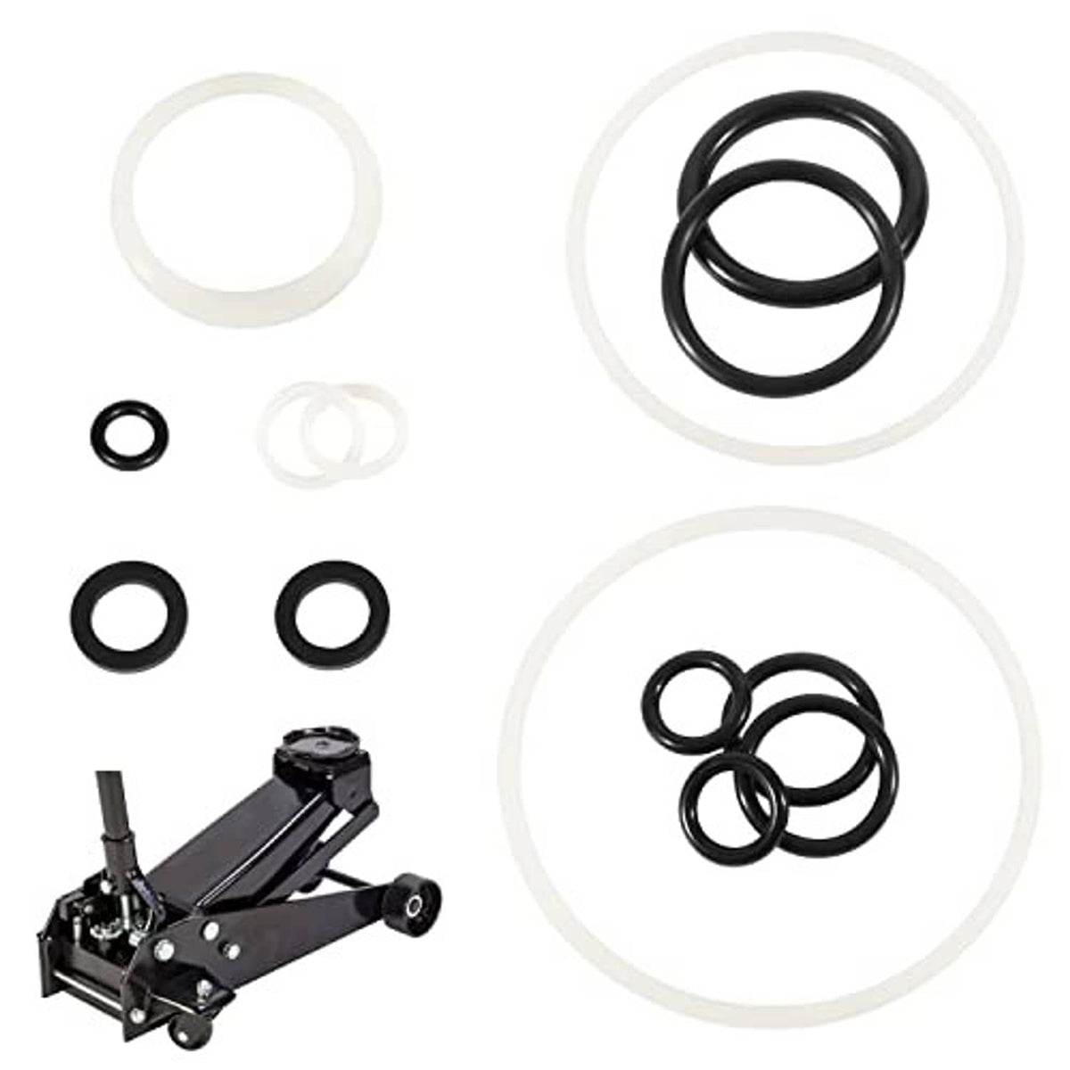 Floor jack seal repair kit showing black O-rings and circular gasket seals