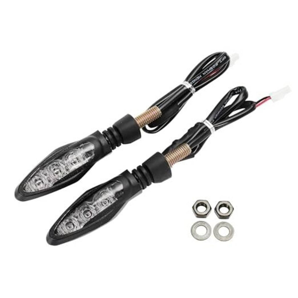 LED motorcycle turn signal lights, clear lens, black housing, pair with wiring