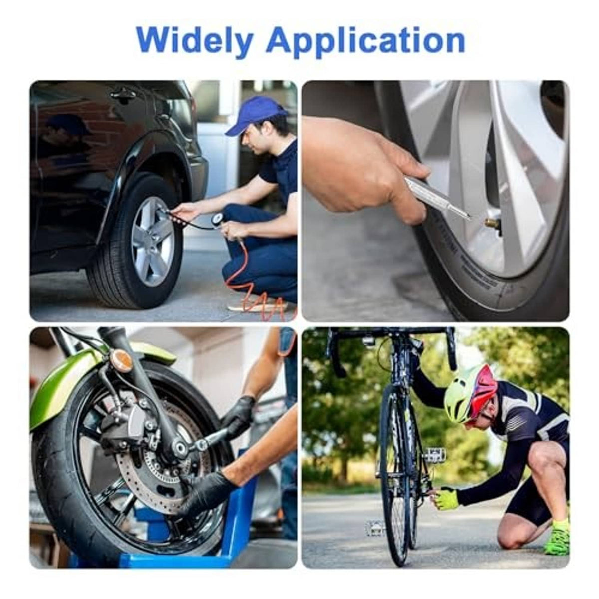Valve core tool kit for use on tires, showing preparation on car wheel, bike, and motorcycle