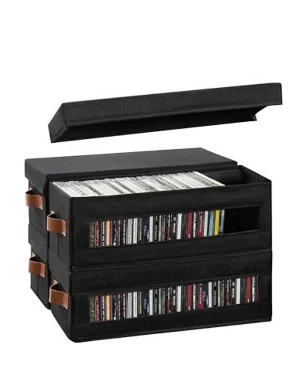 Black stackable CD storage box with hinged lid open and clear window showing CDs