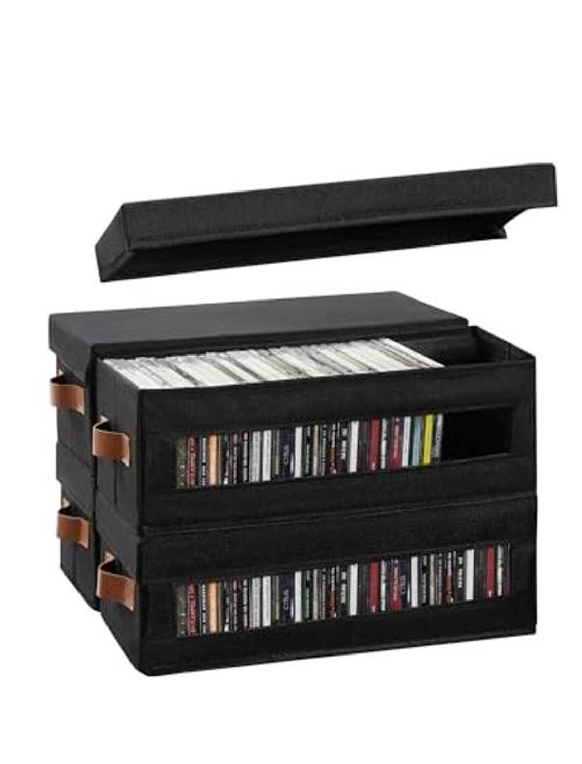 Black stackable CD storage box with hinged lid open and clear window showing CDs
