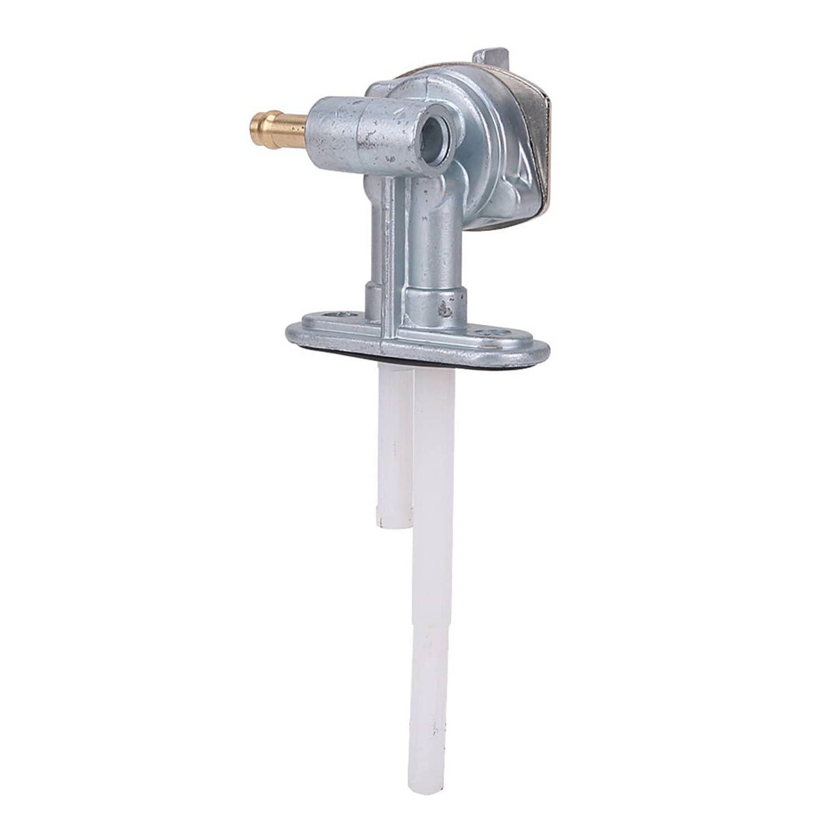 Fuel tank switch valve assembly with metal elbow body, brown cap, and white fuel line.