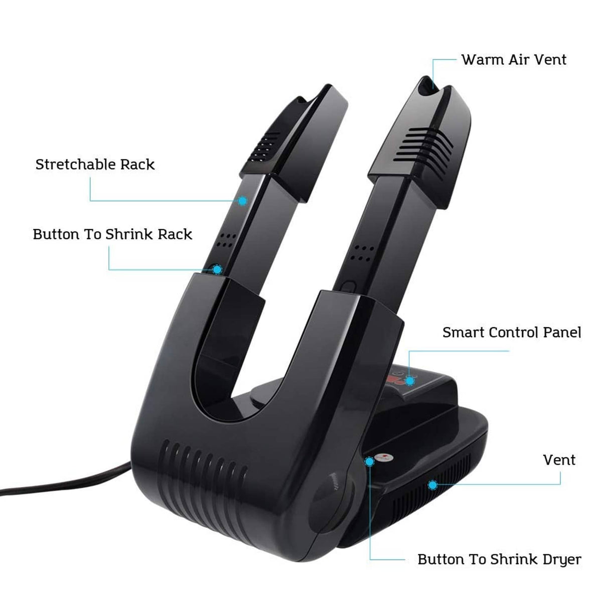 Black shoe dryer with warm air vent, shrink rack button, and smart control panel
