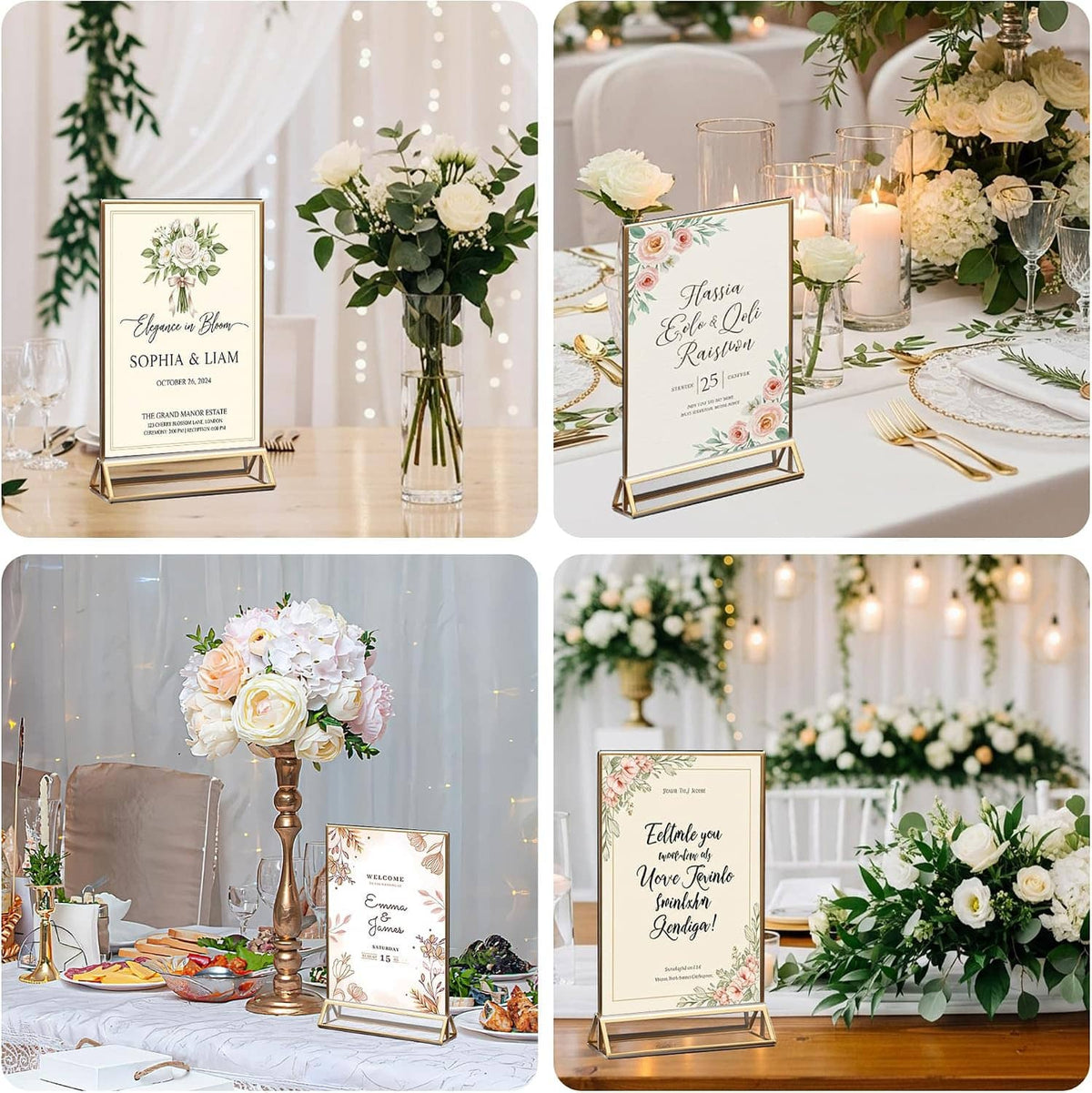 Gold acrylic 4x6 tabletop sign holders on stands used as wedding table cards