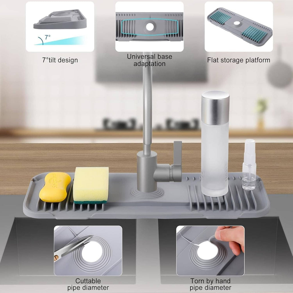 Light grey silicone faucet mat with cuttable pipe channel and flat storage platform