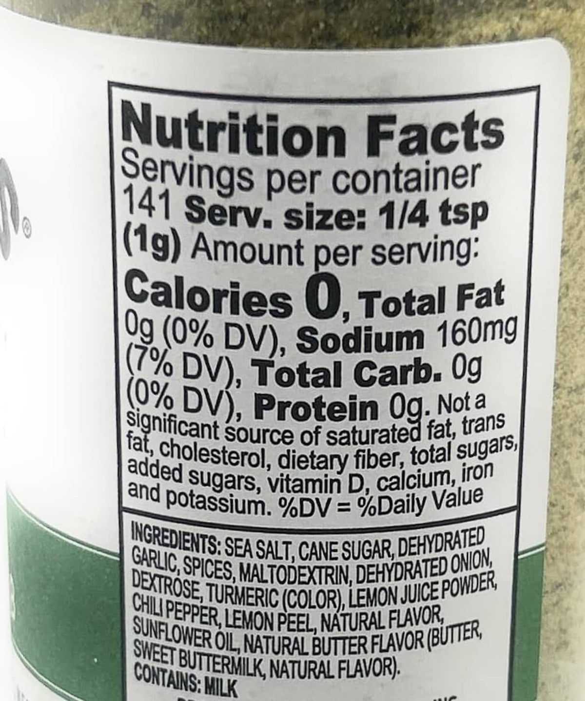 Nutrition facts label for seasoning bottle, 141 servings per container