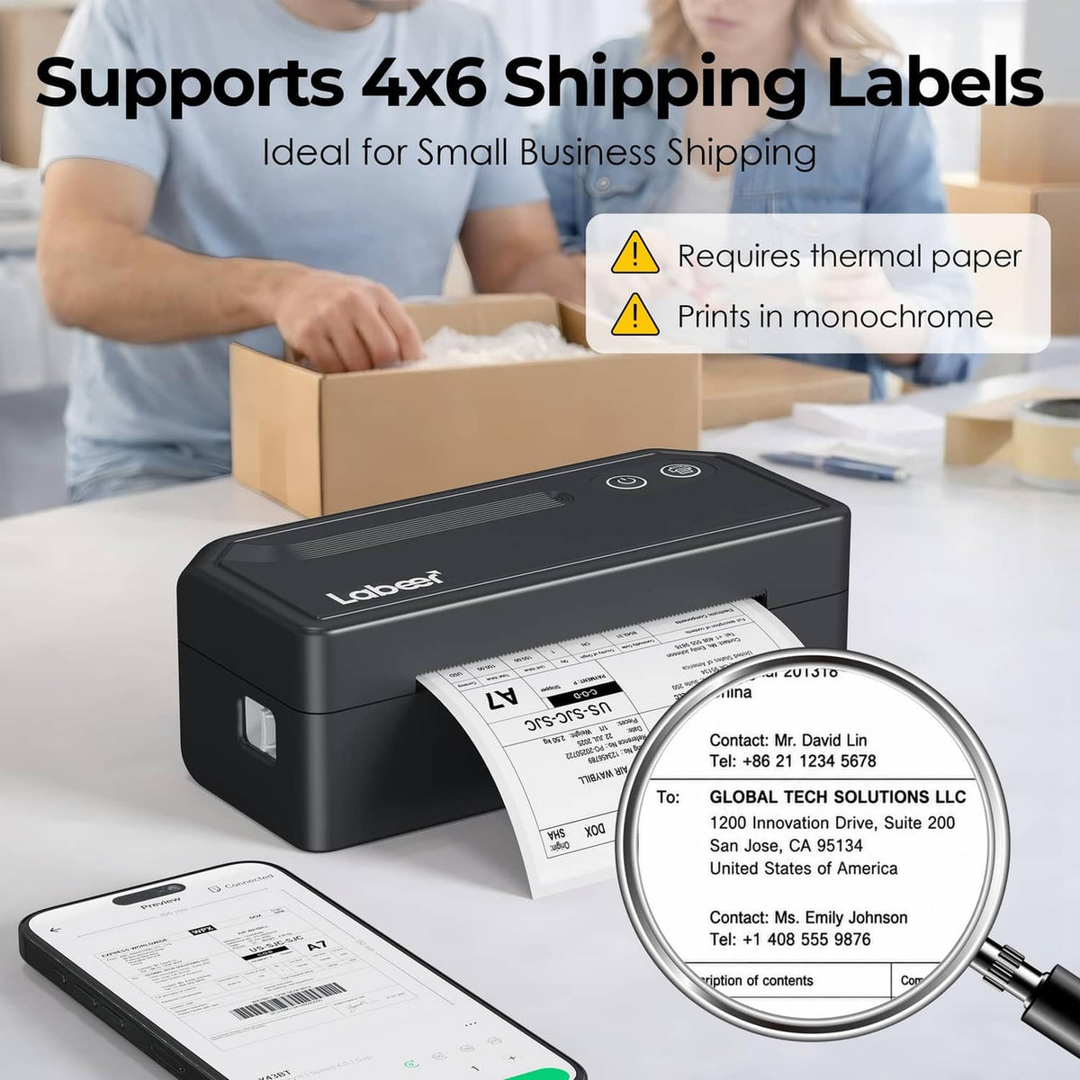 Black 4x6 shipping label printer with printed label strip and magnifier