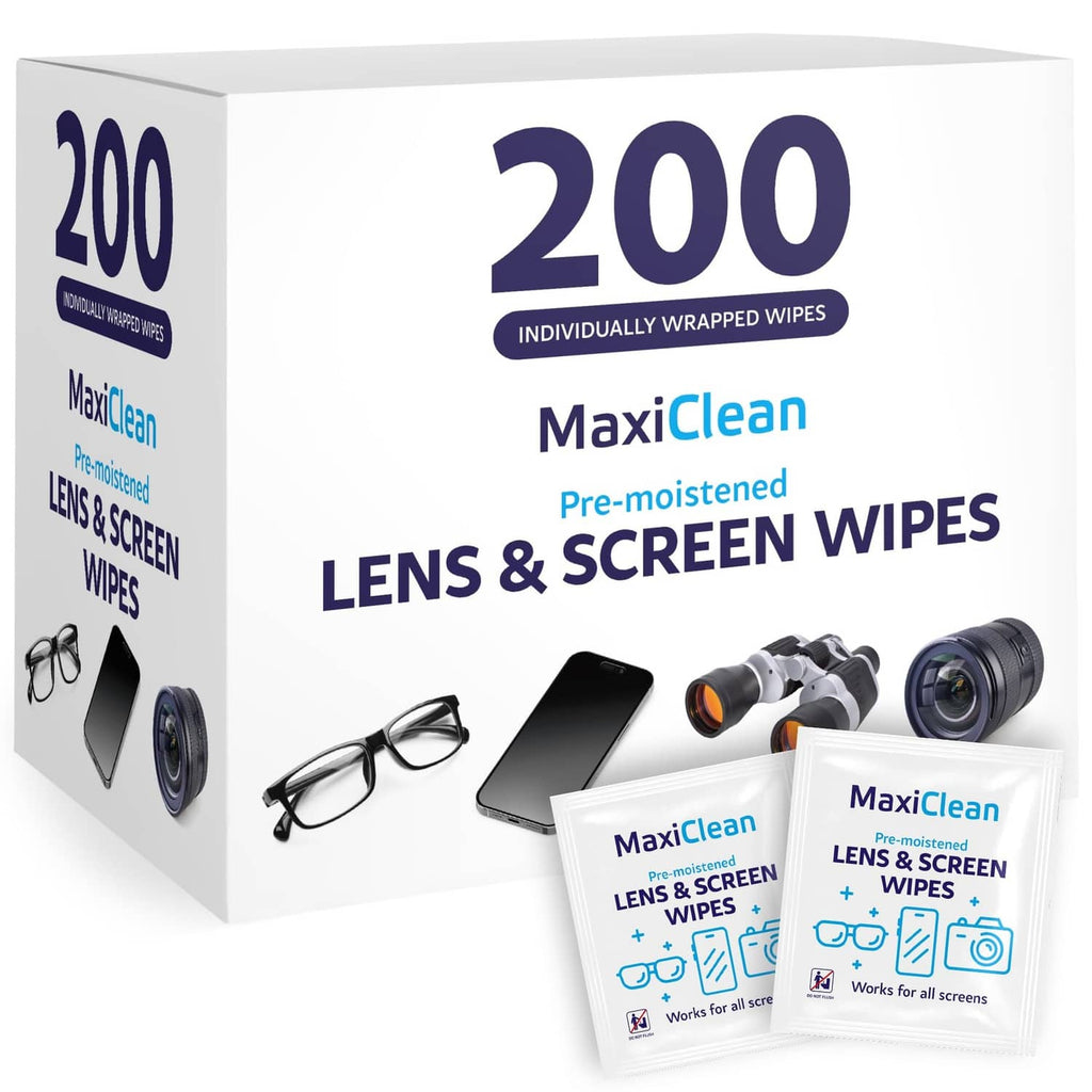 Pre-moistened lens and screen wipes, 200 individually wrapped MaxiClean wipes pack