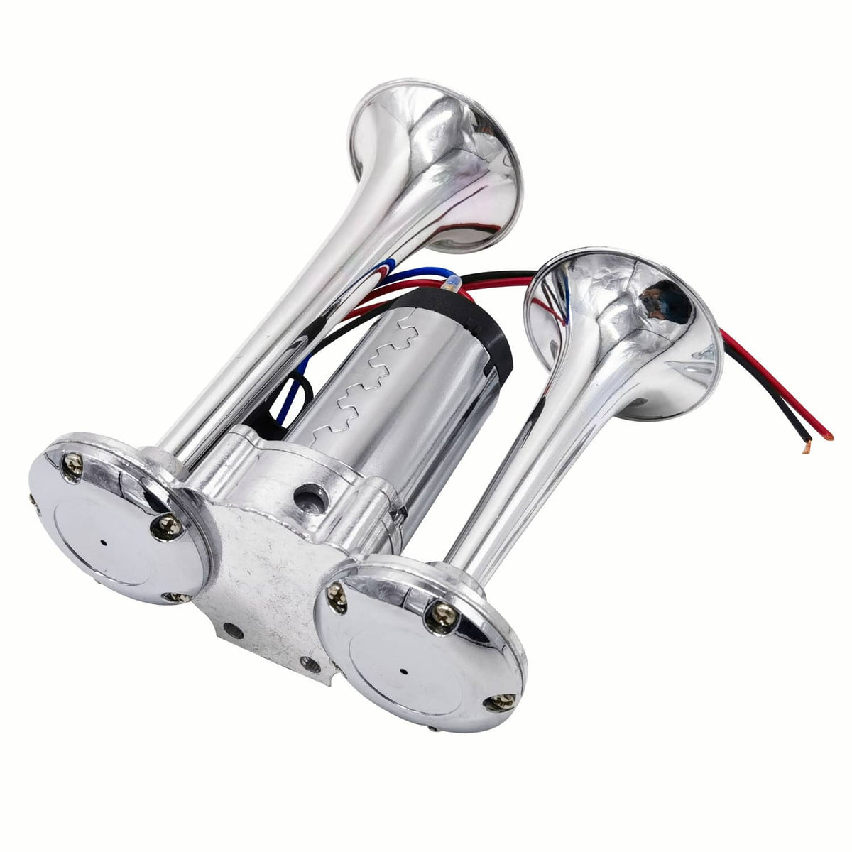 Dual trumpet electric horn with chrome trumpets and clear wiring leads