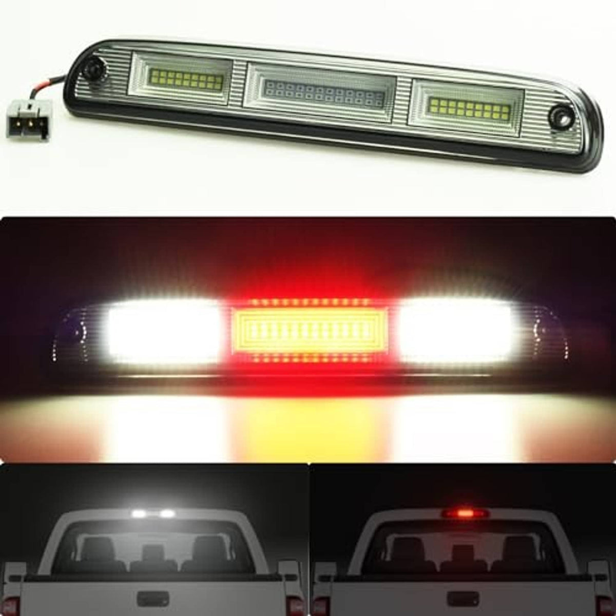 LED high mount brake light showing bright red stop illumination from center
