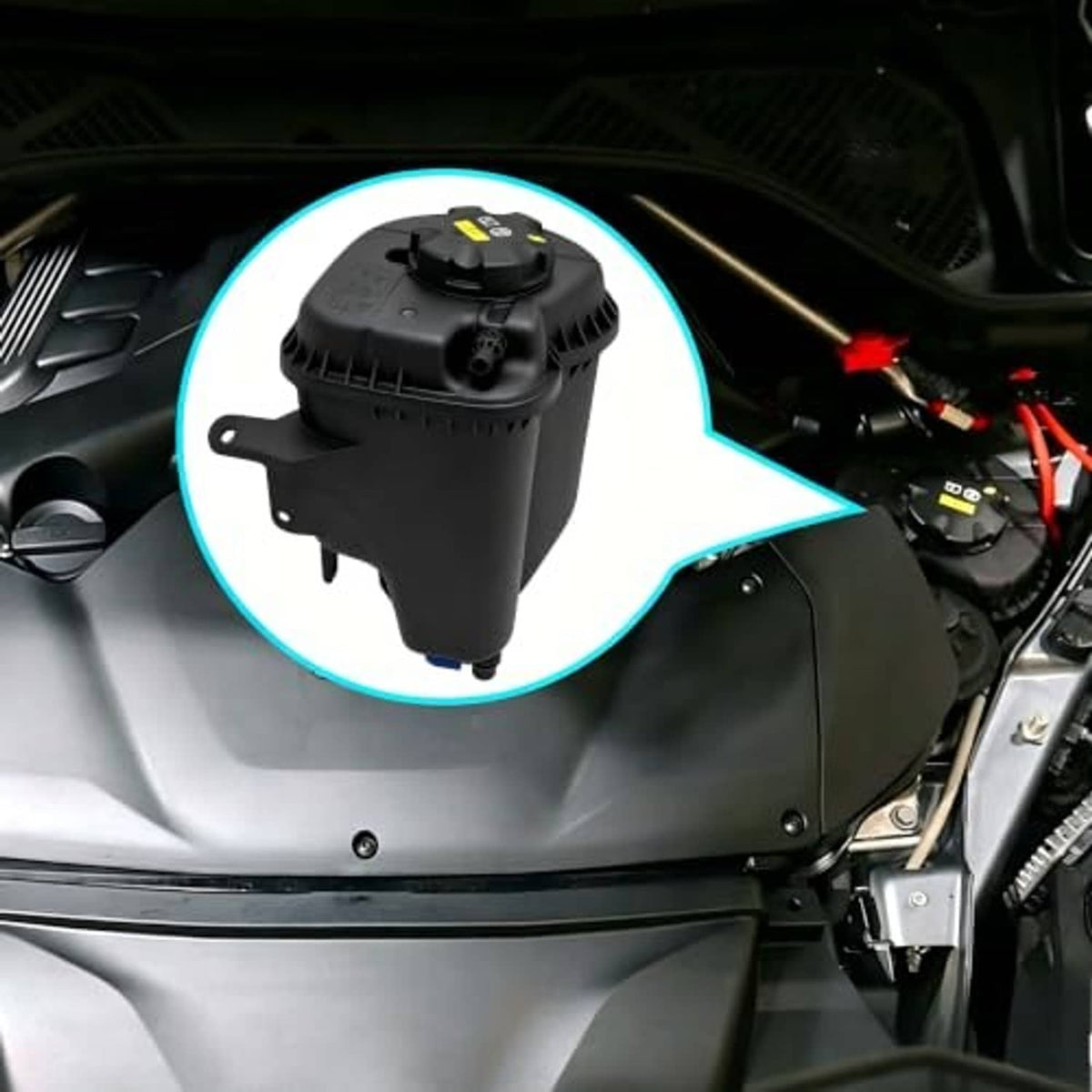 Engine coolant reservoir tank installed in vehicle engine bay, highlighted mounting area