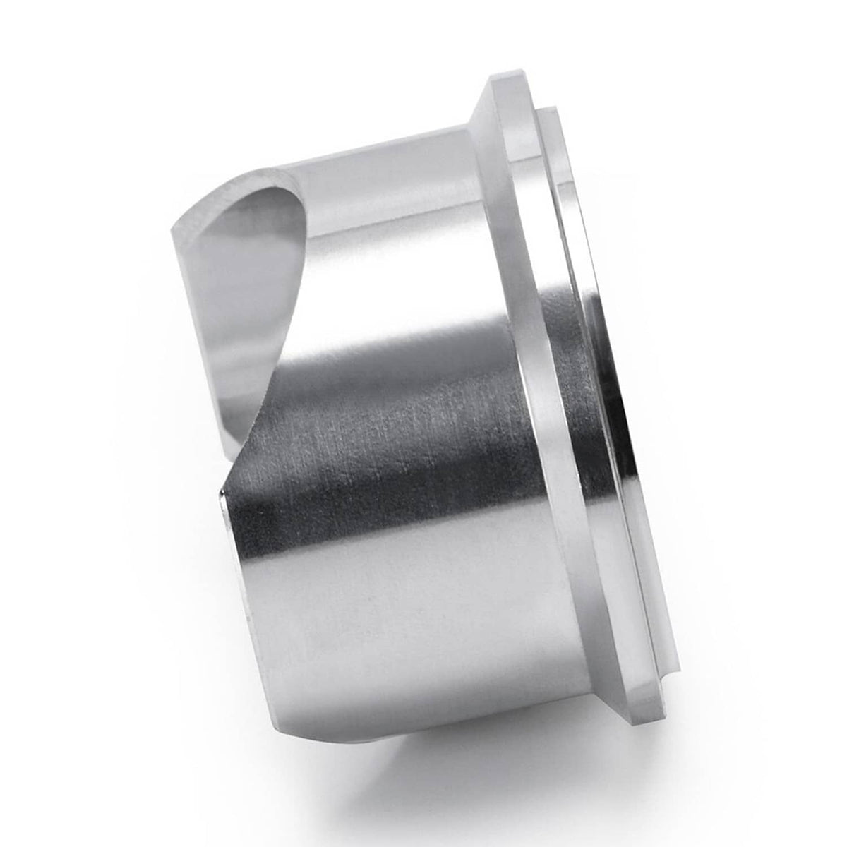 Aluminum v-band weld flange with integrated clamp ring, brushed metal finish