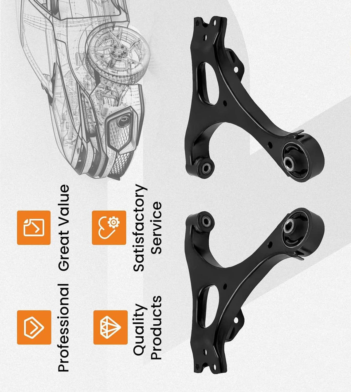 Pair of black front lower control arms with ball joints for suspension replacement