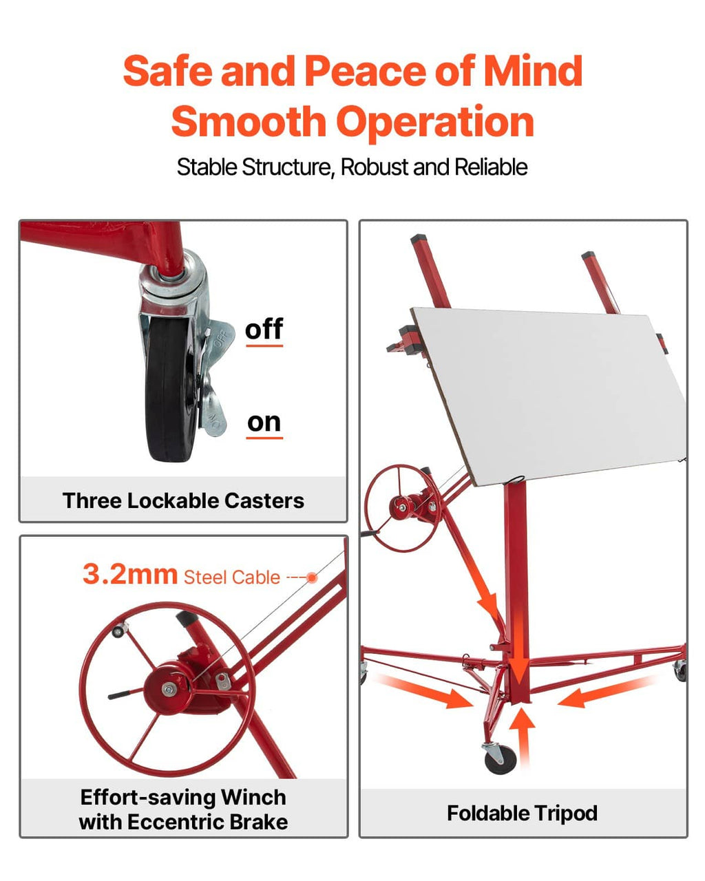 Red panel hoist with three lockable caster wheels and a foldable tripod base