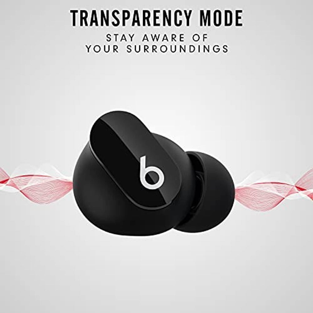 Black true wireless earbuds with open case, earbuds angled outward with glossy b logo