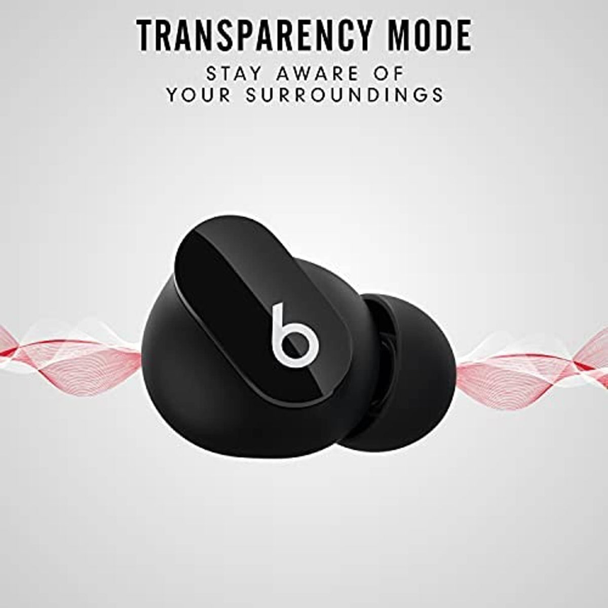 Black true wireless earbuds with open case, earbuds angled outward with glossy b logo