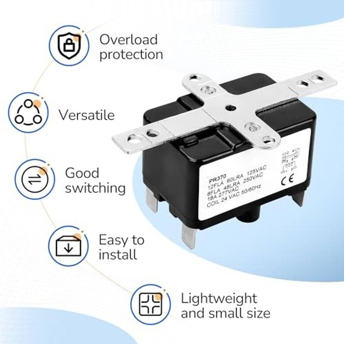 Black relay switch with silver mounting hardware and exposed contact terminals