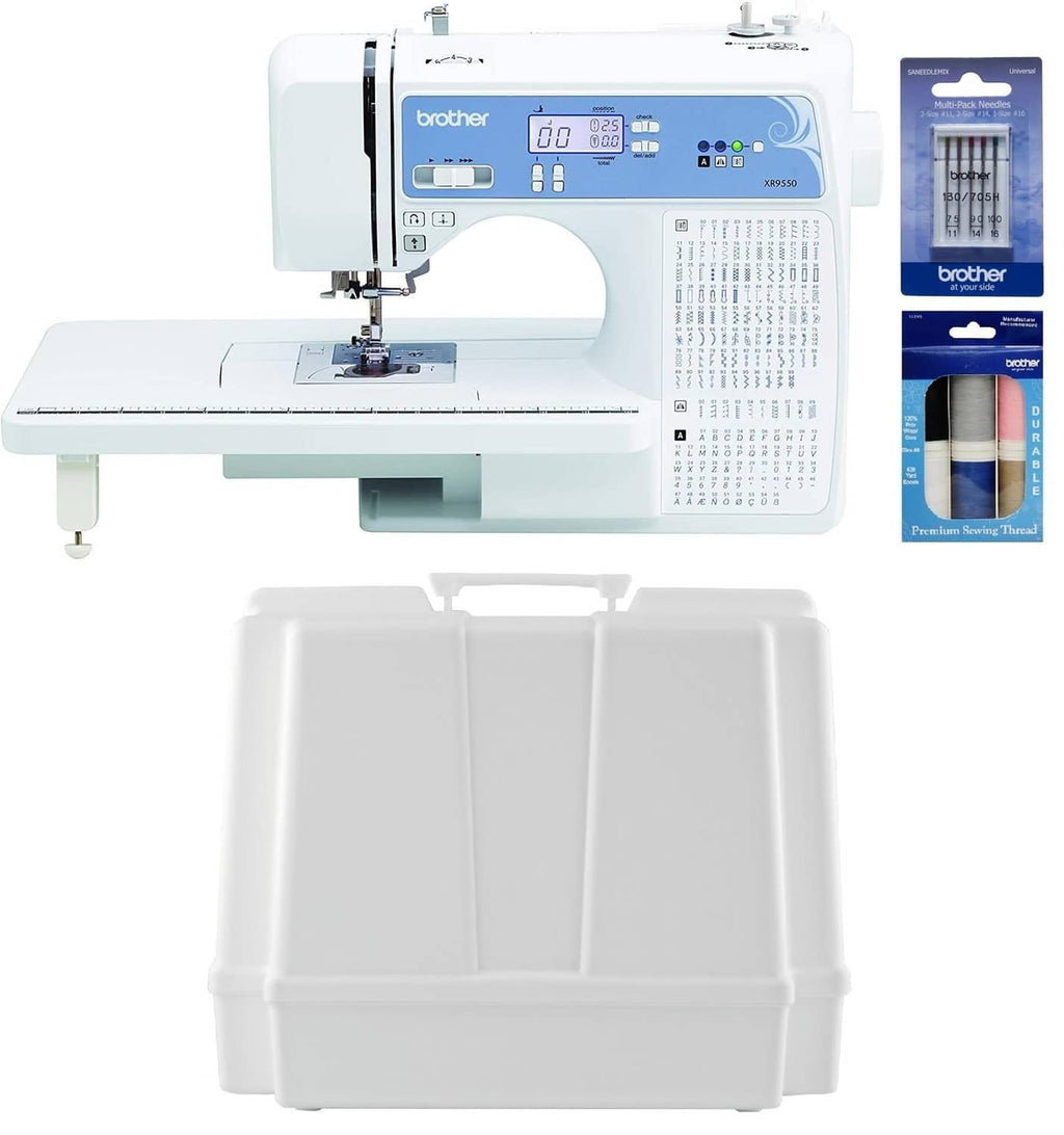 White computerized sewing machine with open storage case and needle threading area