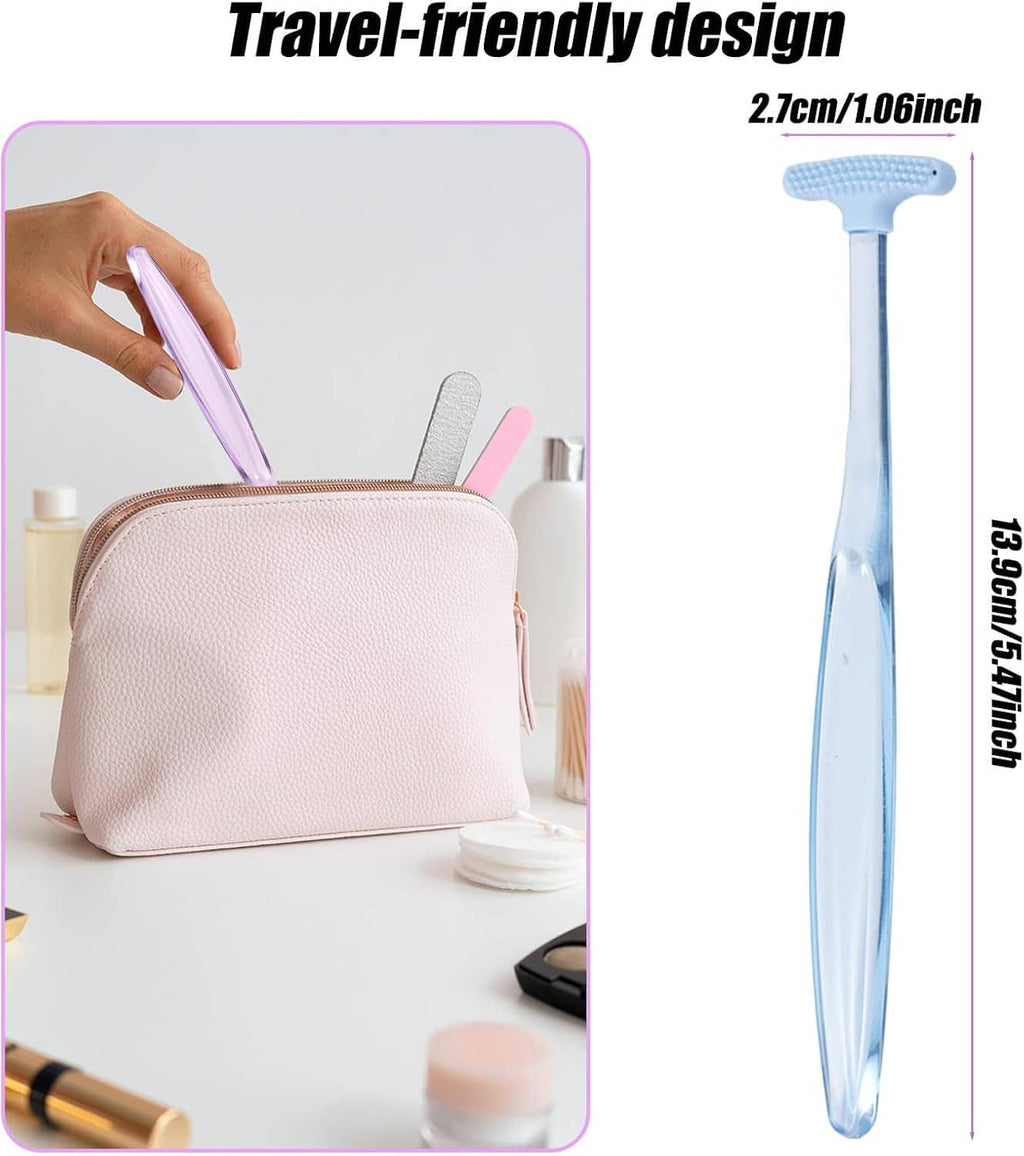 Blue eyelid cleansing brush with silicone tip, shown upright with travel case