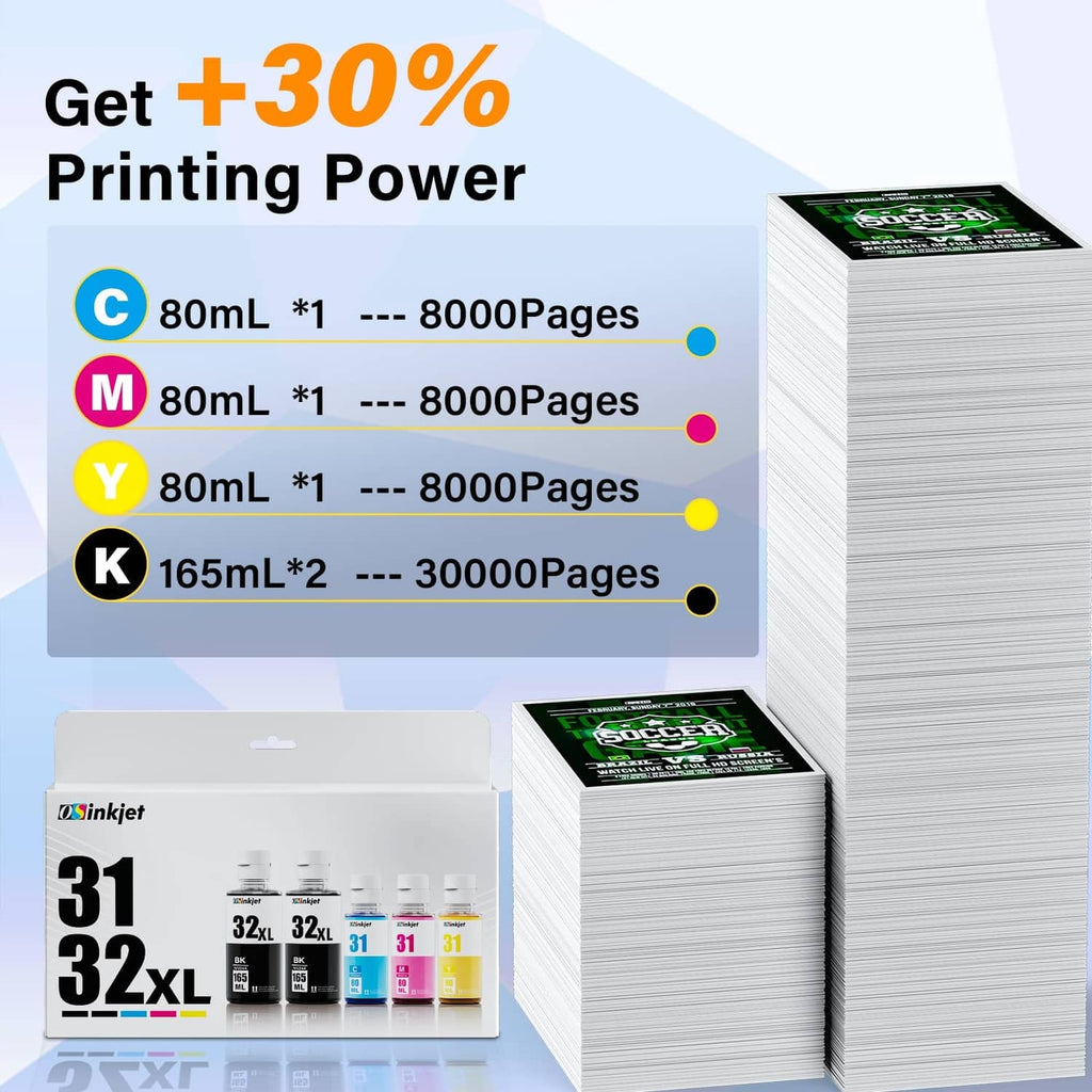 Ink bottle set box with stacked bottles and page-yield style graphic